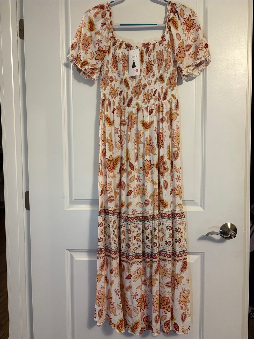 Boho Maxi Dress | Rust & Gold Floral | Smocked Bodice & Puff Sleeves | NWT